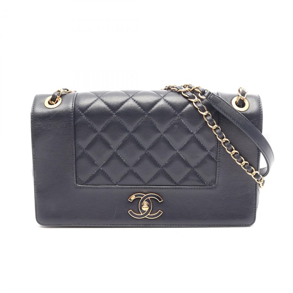 CHANEL Mademoiselle Matelasse W Flap Chain Shoulder Bag leather Navy Used GHW CC