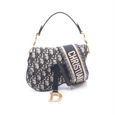 Christian Dior Saddle Mini Oblique shoulder Handbag canvas leather Navy Beige