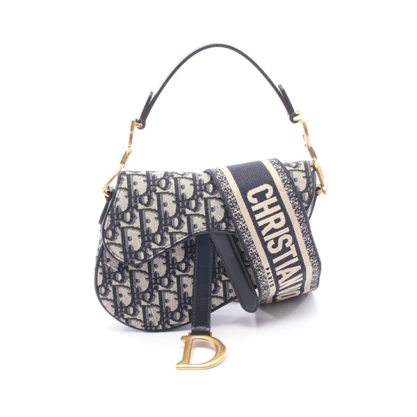 Christian Dior Saddle Mini Oblique shoulder Handbag canvas leather Navy Beige
