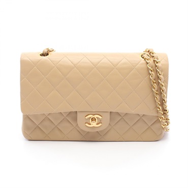 CHANEL Matelasse W flap Chain Shoulder Bag Lambskin sheep leather Beige Used GHW