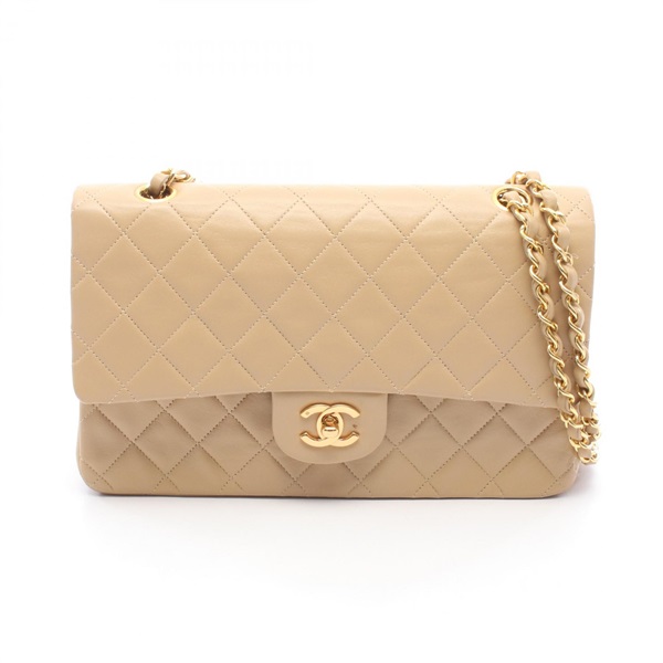 CHANEL Matelasse W flap Chain Shoulder Bag Lambskin sheep leather Beige Used GHW