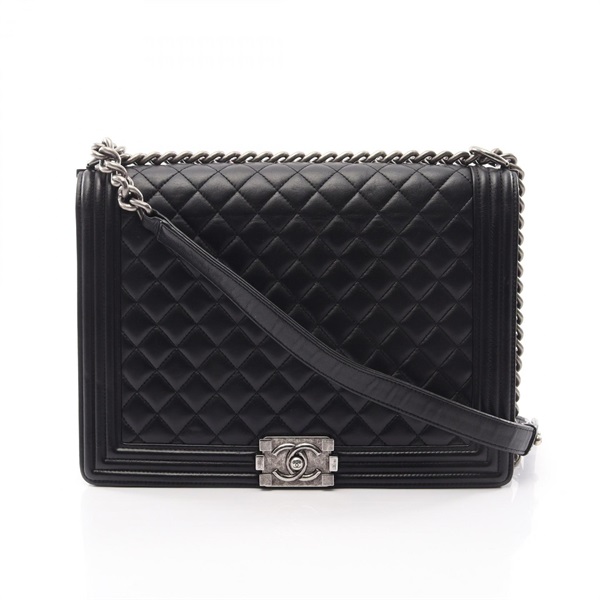 CHANEL Boy Chanel Large Shoulder Bag Lambskin sheep leather Black Used mens SHW