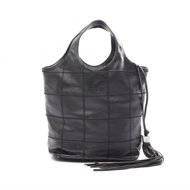 CHANEL Chocolate bar Drawstring Handbag with fringe leather Black SHW Used Women