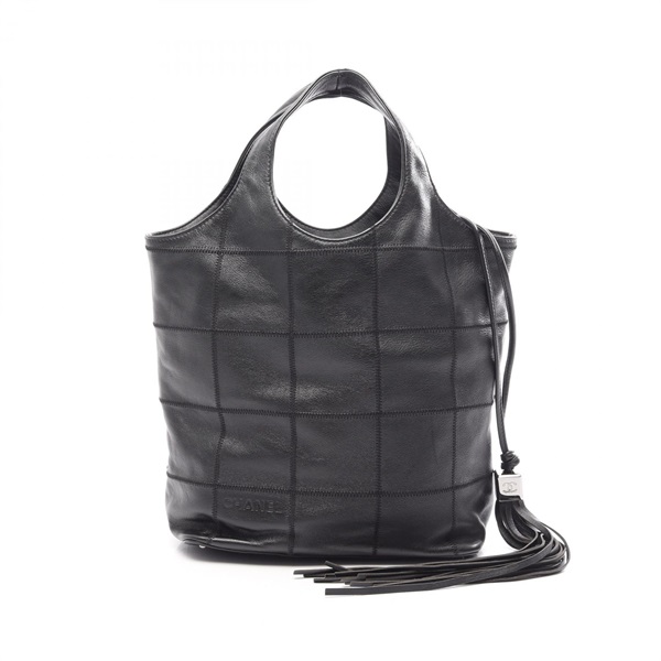 CHANEL Chocolate bar Drawstring Handbag with fringe leather Black SHW Used Women