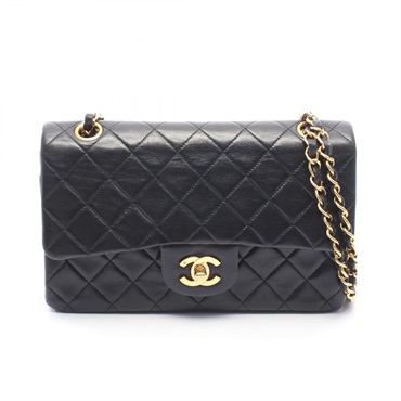 CHANEL Matelasse W flap Chain Shoulder Bag Lamb sheep leather Black Used GHW