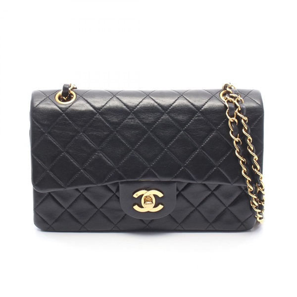CHANEL Matelasse W flap Chain Shoulder Bag Lamb sheep leather Black Used GHW