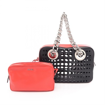 PRADA City Fori Punching Chain Tote Handbag leather Black Red SHW Used Women