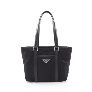 PRADA Triangle logo Shoulder Tote Bag Nylon Saffiano leather Black Used Women