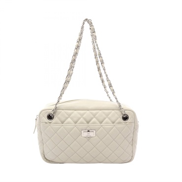 CHANEL 2.55 Matelasse Chain Shoulder Handbag Grained Calf leather White SHW Used