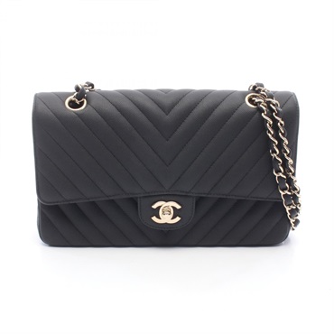 CHANEL Chevron V-stitch W-flap Chain Shoulder Bag Leather Black Used Women GHW