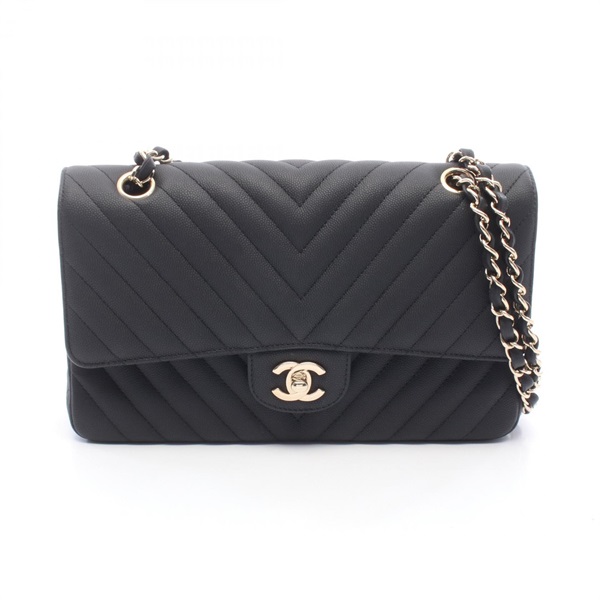 CHANEL Chevron V-stitch W-flap Chain Shoulder Bag Leather Black Used Women GHW