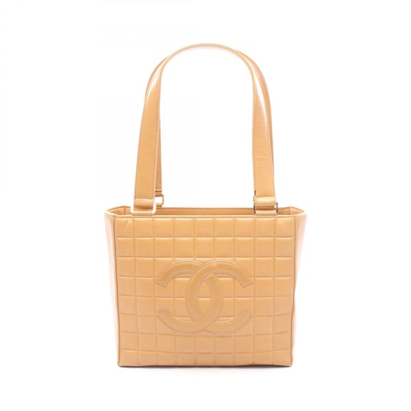 CHANEL Chocolate bar Tote Hand Bag Lambskin sheep leather Beige Used Women GHW