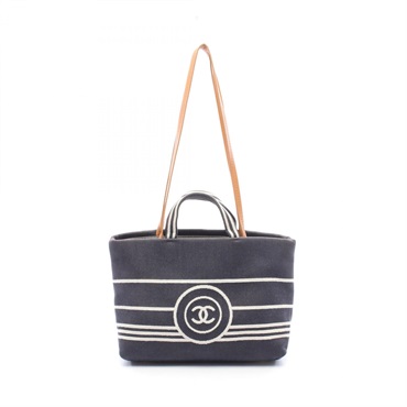 CHANEL COCO Mark Chain Shoulder Tote Bag denim leather Navy Brown Used Women CC