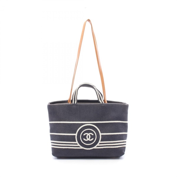 CHANEL COCO Mark Chain Shoulder Tote Bag denim leather Navy Brown Used Women CC