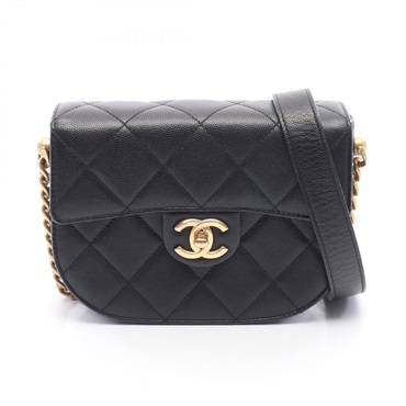 CHANEL Matelasse small flap Shoulder crossbody hand Bag leather Black Used Women