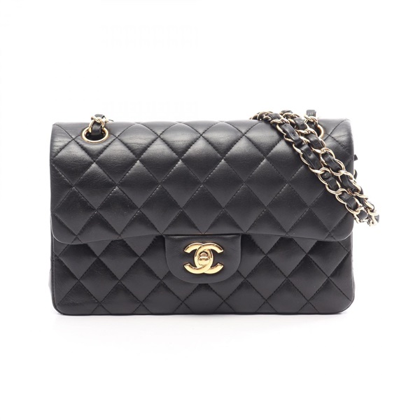 CHANEL Matelasse W flap chain Shoulder hand Bag Lambskin Black Used Women GHW