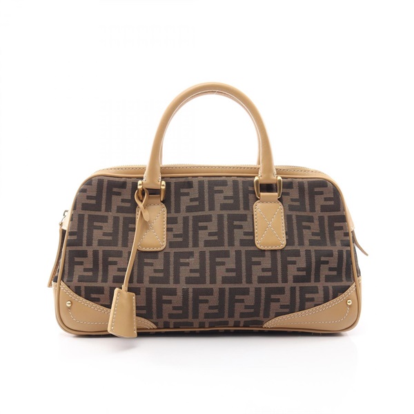 FENDI Zucca Zippered Handbag canvas leather Beige Black Used Women FF
