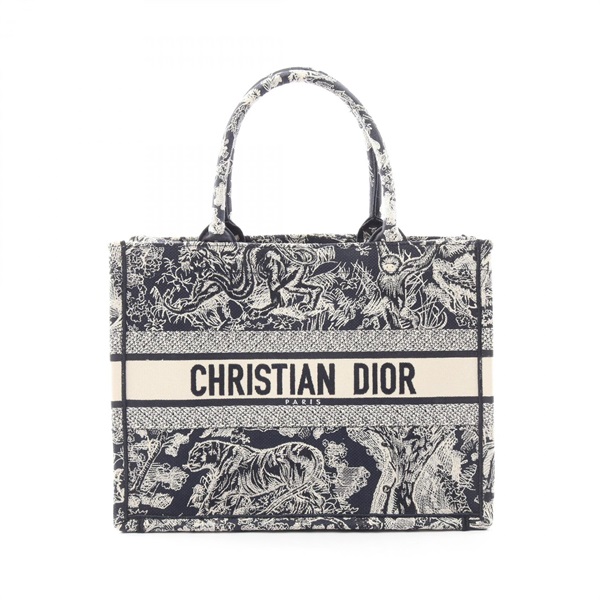 Christian Dior BOOK TOTE Medium Toile de Jouy hand Bag canvas Navy White Used
