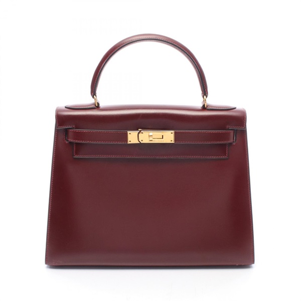 HERMES Kelly 28 Handbag Box calf leather Bordeaux Rouge H Used K GHW