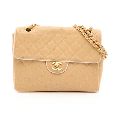 CHANEL Matelasse single flap Shoulder Bag Lamb leather Beige White Used GHW CC