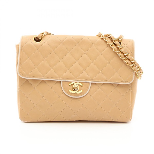 CHANEL Matelasse single flap Shoulder Bag Lamb leather Beige White Used GHW CC