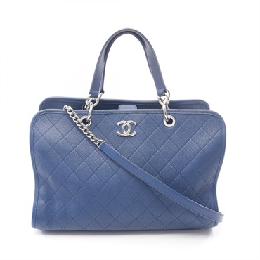 CHANEL Matelasse Shoulder Crossbody Tote Bag Grained Calf leather Blue SHW Used
