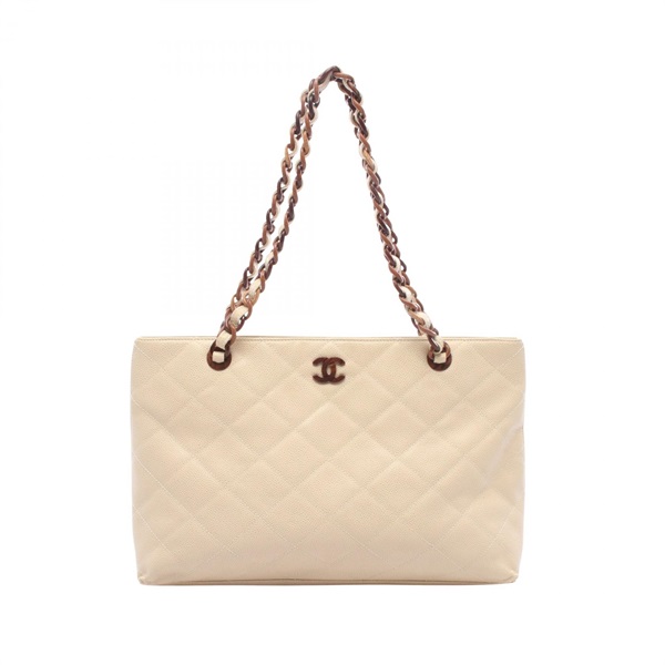 CHANEL Matelasse Plat Chain Shoulder Tote Bag Calfskin leather Beige GHW Used CC