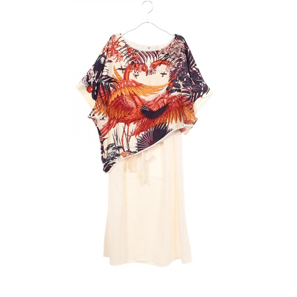 HERMES Twillaine Flamingo Party Cape Dress #40 silk cotton Beige Multicolor Used