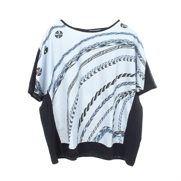 HERMES Panelled T-shirt Short sleeved Top #40 cotton Rayon Blue Navy Used Women