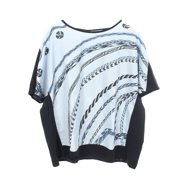 HERMES Panelled T-shirt Short sleeved Top #40 cotton Rayon Blue Navy Used Women