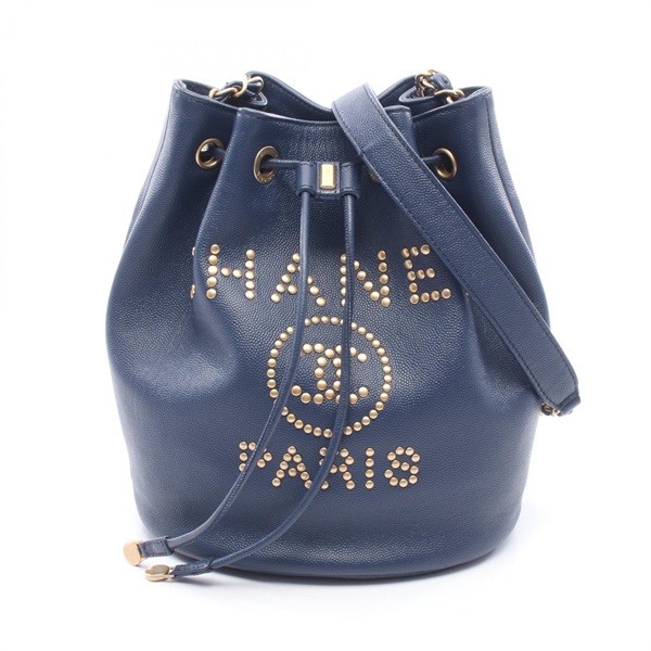 CHANEL Deauville Drawsring Crossbody Shoulder Bag leather Navy Used Women CC