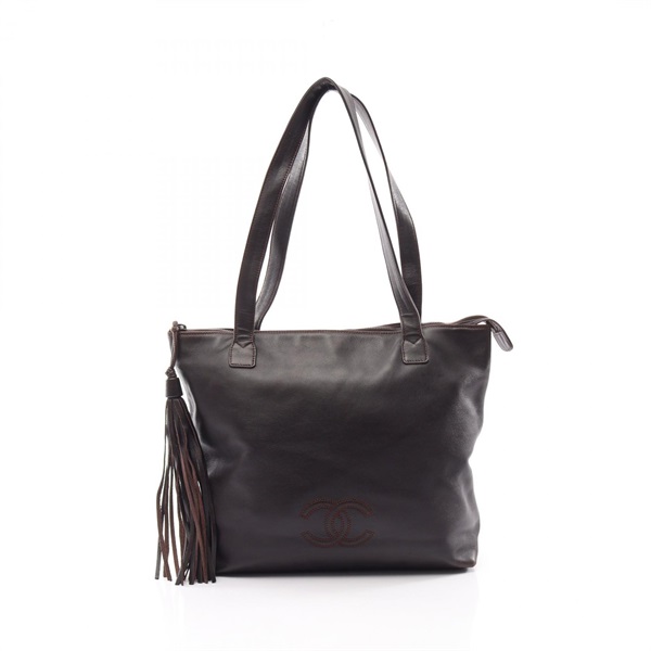 CHANEL COCO Mark Fringe Tote Shoulder Bag Lambskin leather Brown Used Women CC