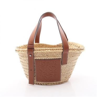 LOEWE Basket Small Shoulder Tote Handbag leather Raffia Brown Beige Used Women