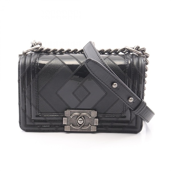 CHANEL Boy Chanel Small Shoulder Bag A67085 Graind Patent leather Black Used SHW