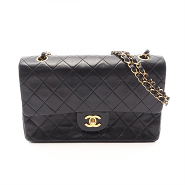 CHANEL Matelasse W flap Chain Shoulder Bag Lamb sheep leather Black Used GHW CC