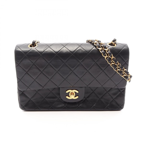 CHANEL Matelasse W flap Chain Shoulder Bag Lamb sheep leather Black Used GHW CC