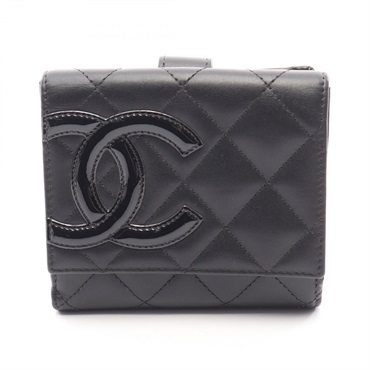 CHANEL Cambon line Double Snap Wallet Purse leather Enamel Black Pink SHW Used