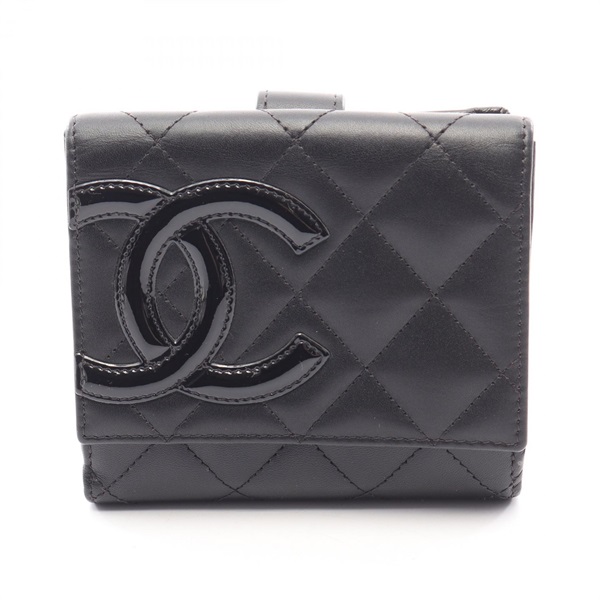 CHANEL Cambon line Double Snap Wallet Purse leather Enamel Black Pink SHW Used