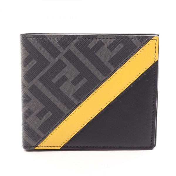 FENDI Diagonal Zucca Bi-fold wallet 7M0169 leather canvas Black Gray Yellow Used