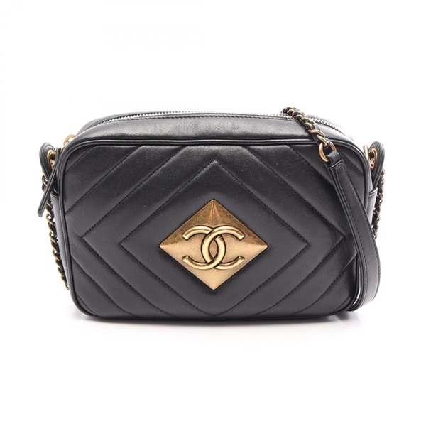 CHANEL COCO Mark Diamond stitch Shoulder Crossbody Bag leather Black GHW Used CC