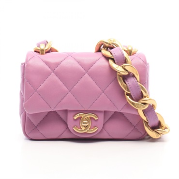 CHANEL Matelasse Flap Shoulder Bag Lambskin sheep leather Purple Used Women GHW