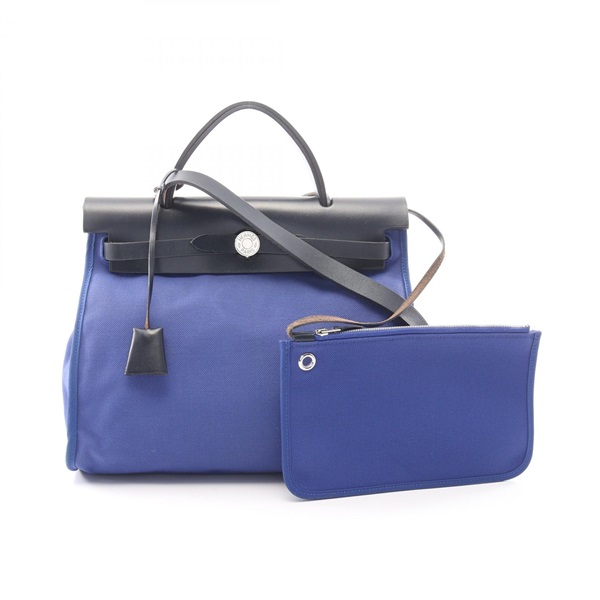 HERMES Herbag Zip PM Shoulder Handbag Toile H canvas leather Blue Indigo Used C