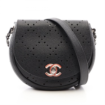 CHANEL Round flap Punching chain Shoulder Bag Grained Calfskin Black Used Women