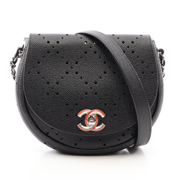 CHANEL Round flap Punching chain Shoulder Bag Grained Calfskin Black Used Women
