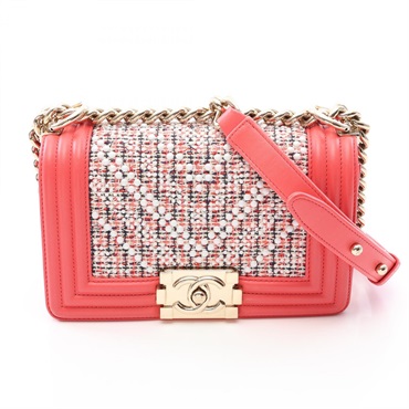 CHANEL Boy Chanel Small Chain Shoulder Handbag Fabric leather Pink White Used CC