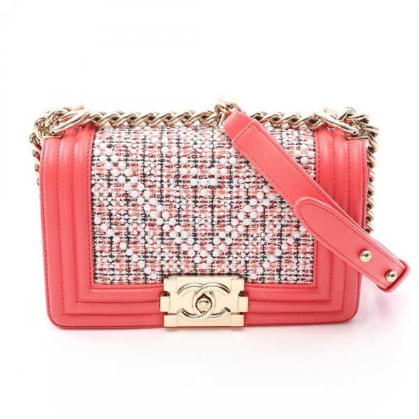 CHANEL Boy Chanel Small Chain Shoulder Handbag Fabric leather Pink White Used CC