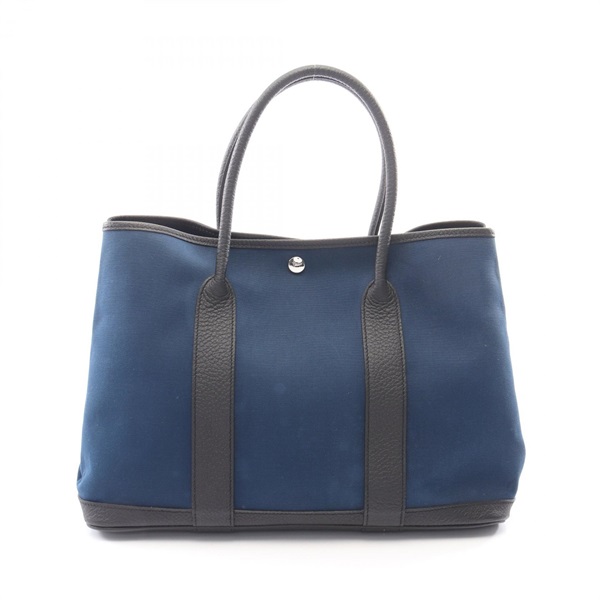 HERMES Garden party PM Tote Bag Toile officier Country leather Blue Black Used T