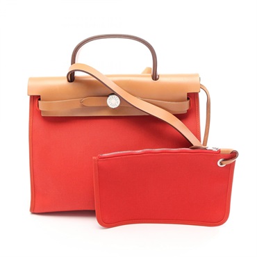HERMES Herbag Zip PM Shoulder Handbag Canvas hunter leather Orange Brown used X