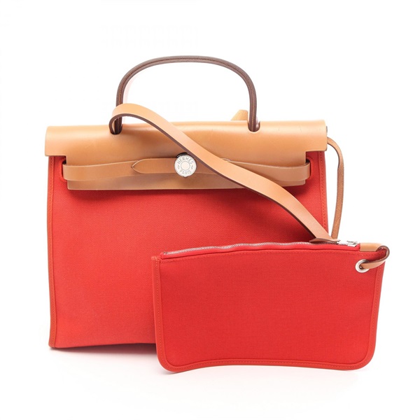 HERMES Herbag Zip PM Shoulder Handbag Canvas hunter leather Orange Brown used X