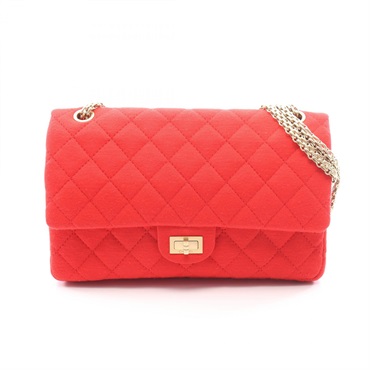 CHANEL 2.55 Matelasse Double flap Chain Shoulder Handbag Cotton jersey Red Used